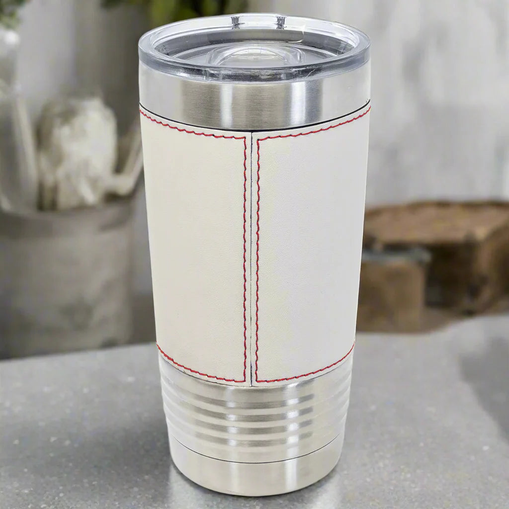 Baseball-themed personalized tumbler with leather stitching and custom engraving for groomsmen gift