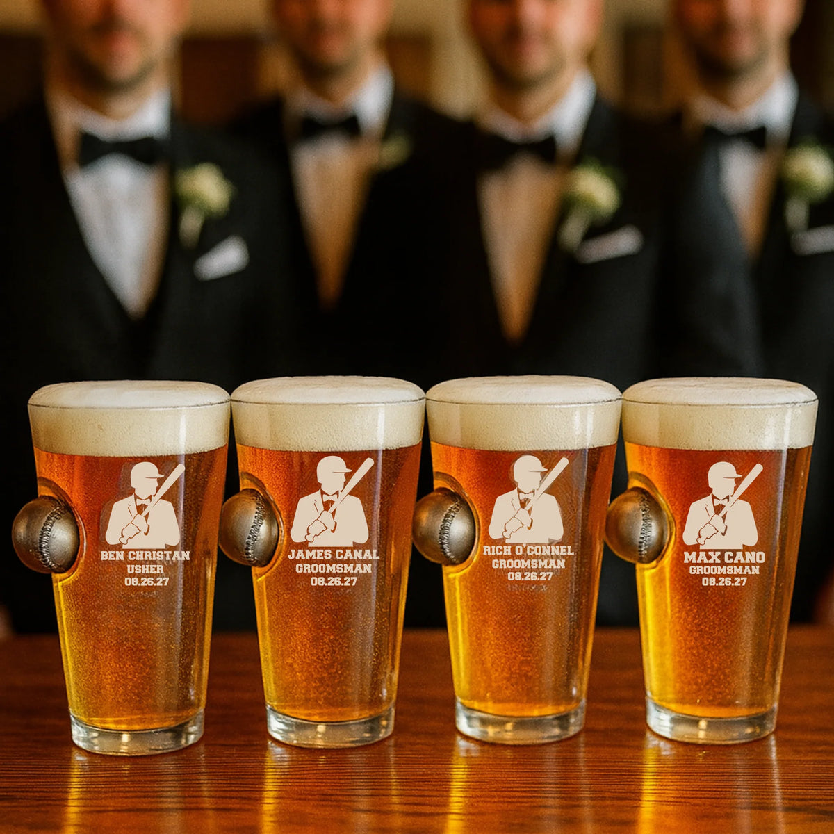 Personalized groomsman pint glass with real embedded baseball and engraved name, role, and wedding date