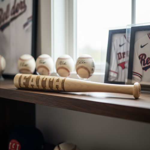 Baseball bat and balls on a shelf with sports-themed decor