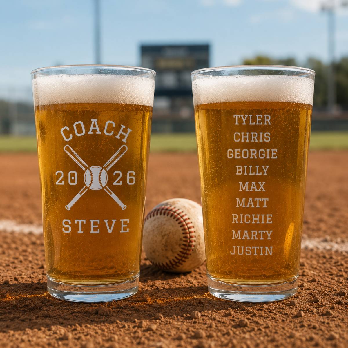 Two engraved pint glasses with beer on a baseball field, left glass sample engraved "Coach 2026 Steve" with crossed bats, right glass sample engraved with team names Tyler, Chris, Georgie, Billy, Max, Matt, Richie, Marty, Justin.