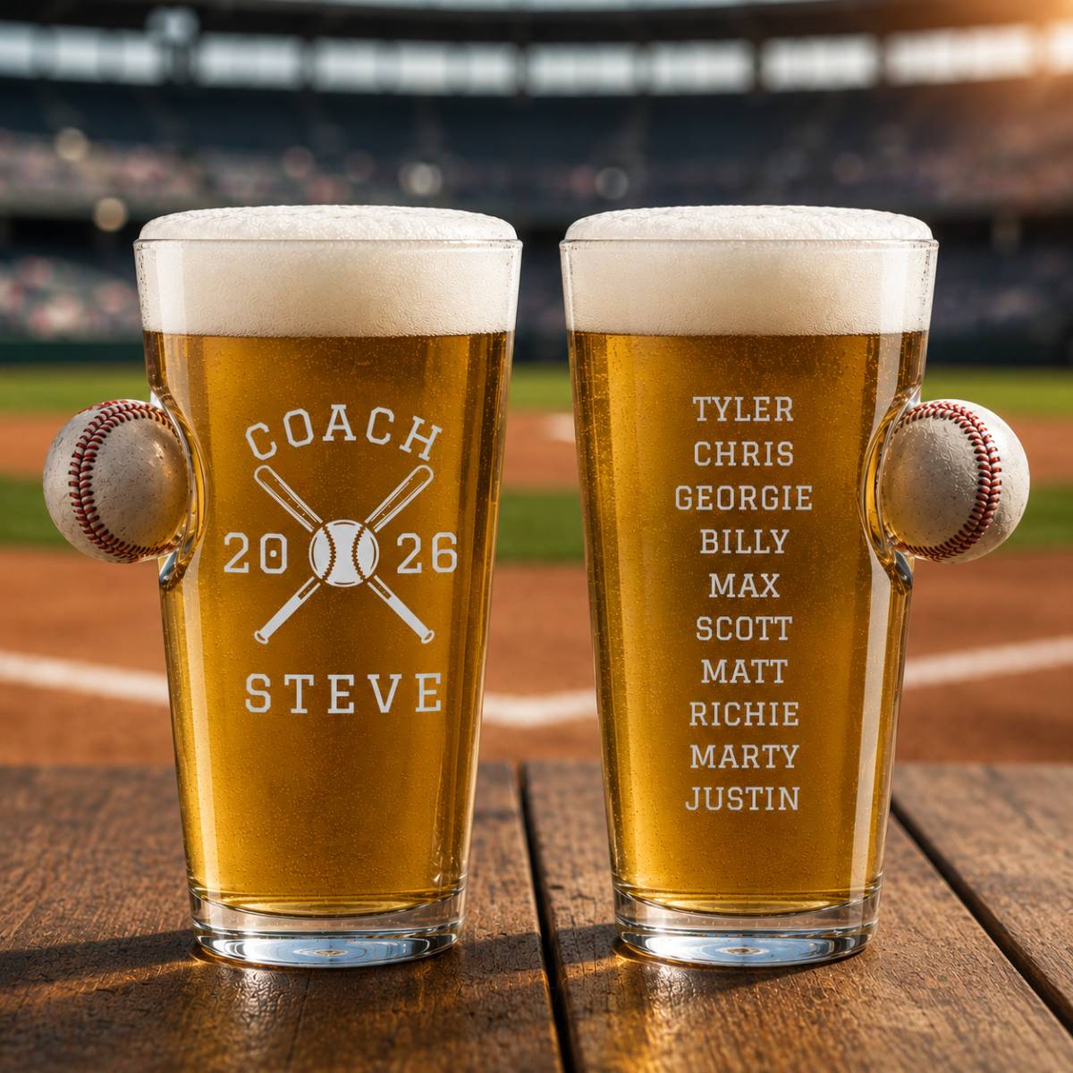 Personalized baseball coach gift pint glass engraved with crossed bats, the word COACH, the coach's name and year, and the team's full player roster on the back.
