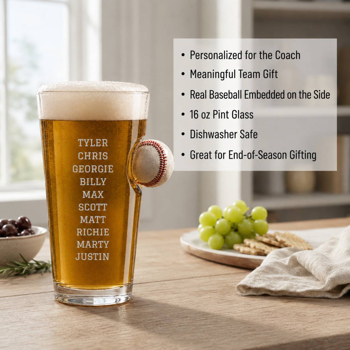 Personalized baseball coach gift pint glass engraved with crossed bats, the word COACH, the coach's name and year, and the team's full player roster on the back.