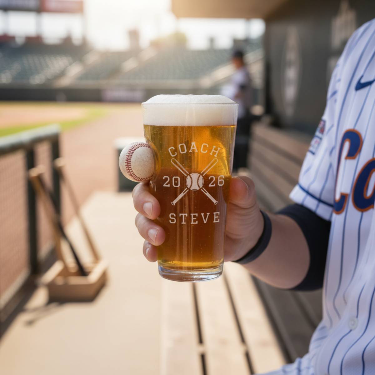 Personalized baseball coach gift pint glass engraved with crossed bats, the word COACH, the coach's name and year, and the team's full player roster on the back.