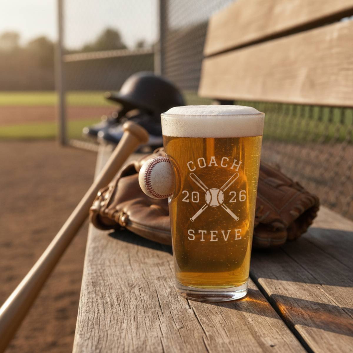 Personalized baseball coach gift pint glass engraved with crossed bats, the word COACH, the coach's name and year, and the team's full player roster on the back.