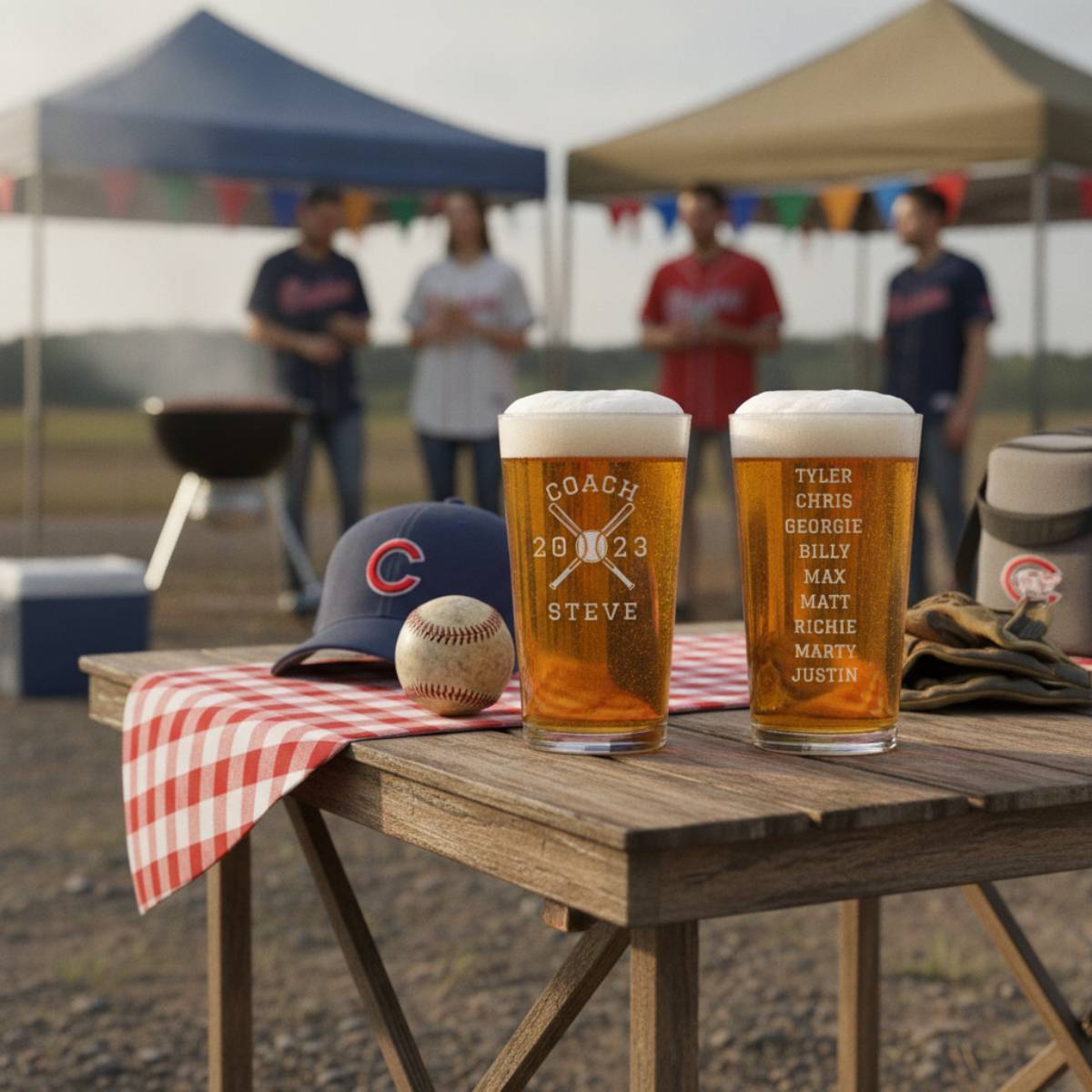 Two engraved beer glasses filled with beer on a wooden table at an outdoor baseball gathering, with sample names and "Coach 2023" etched on the left glass and a team roster on the right glass.
