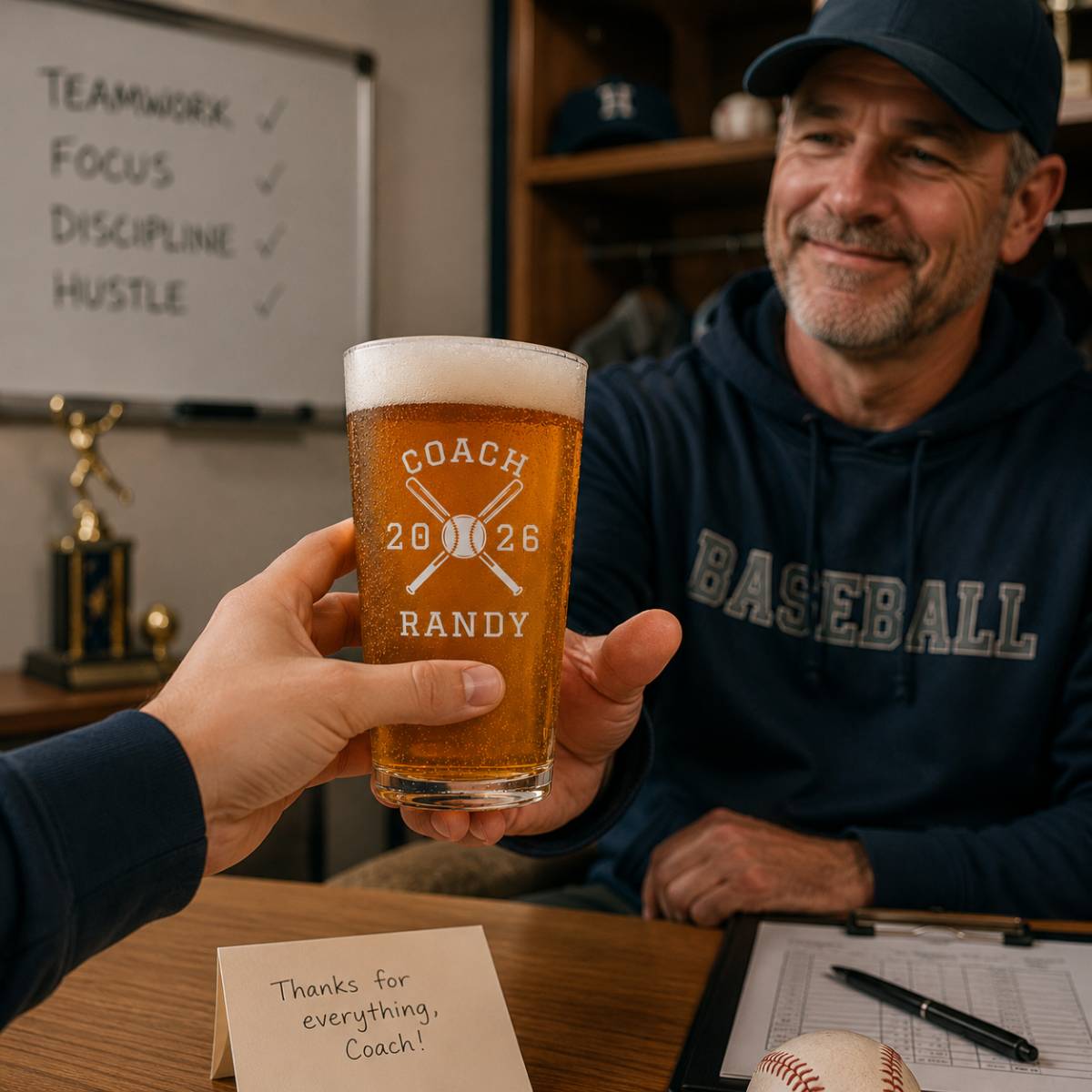 Engraved pint glass displaying "COACH 2026 RANDY" with crossed baseball bats, held up in a toast by a hand, with a baseball coach in background.
