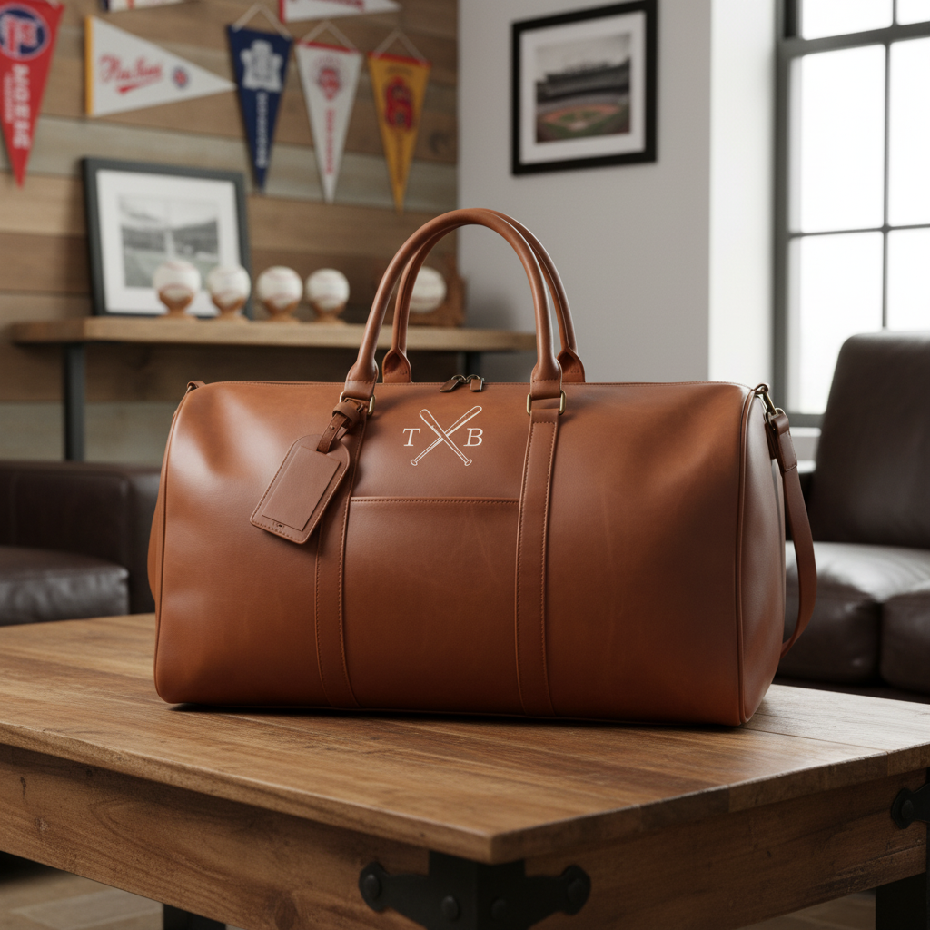 Brown leather duffel bag with 'T&B' logo on a wooden table in a room with sports memorabilia.