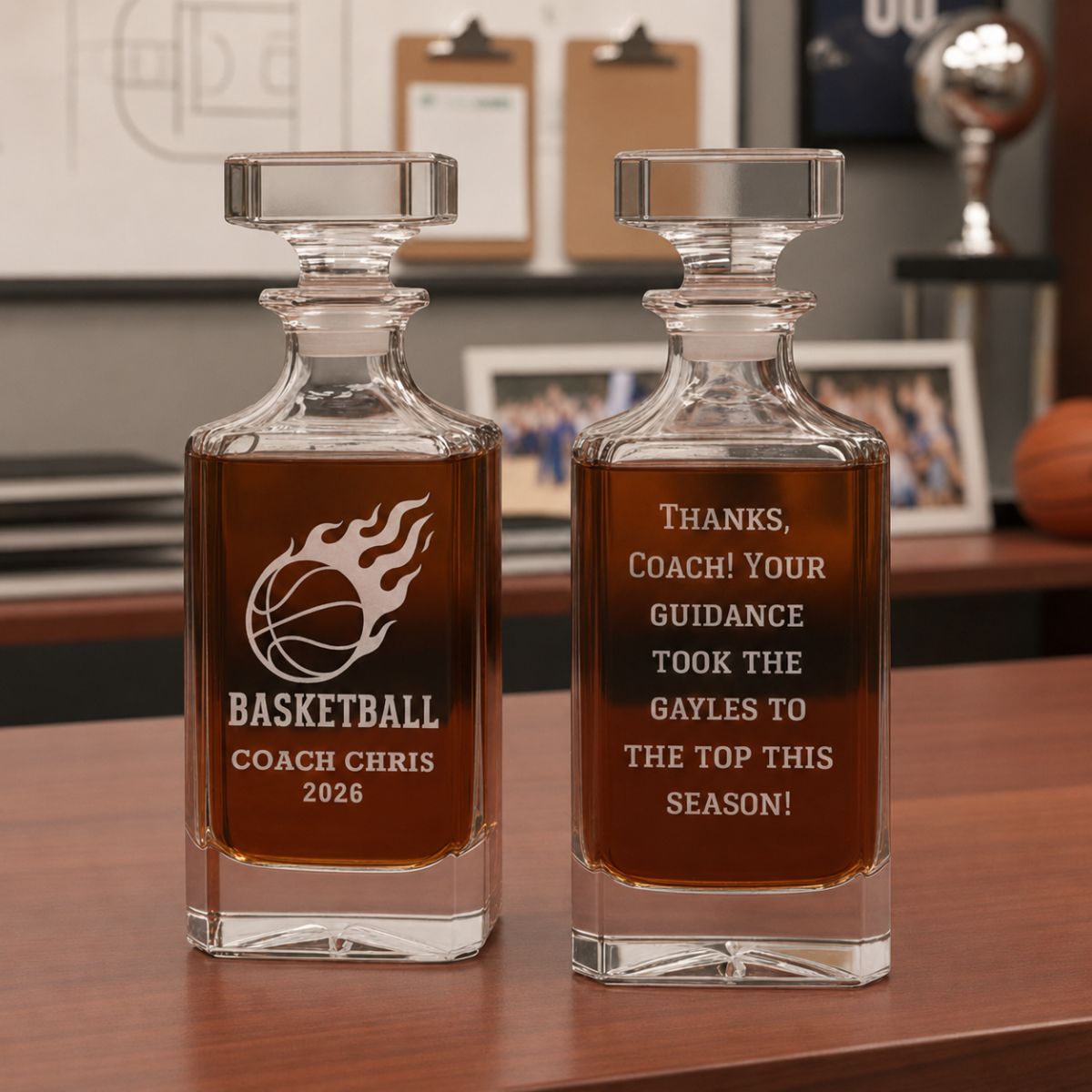 Unique Personalized Basketball Coach Decanter Customized basketball Whiskey Glasses Gifts for Men by Groovy Guy