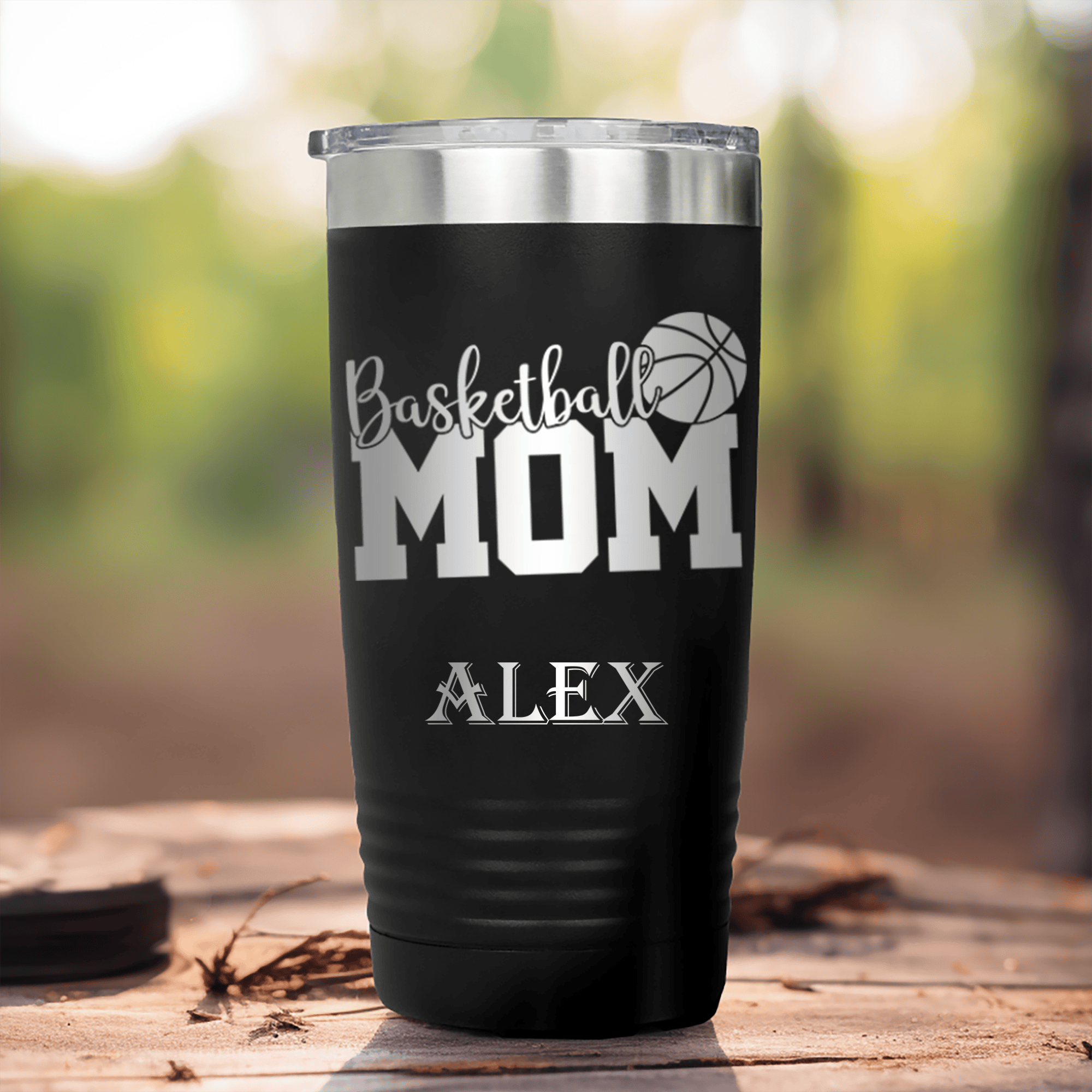 Black Basketball Tumbler With Basketball Mom In Words Design