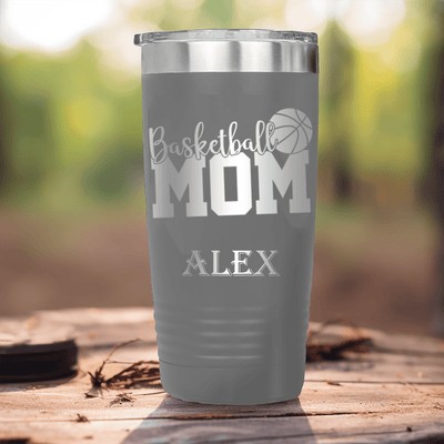 Grey Basketball Tumbler With Basketball Mom In Words Design