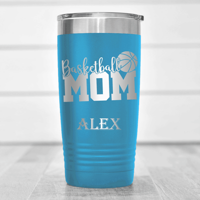 Light Blue Basketball Tumbler With Basketball Mom In Words Design