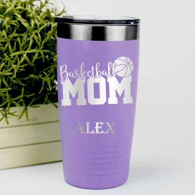 Light Purple Basketball Tumbler With Basketball Mom In Words Design
