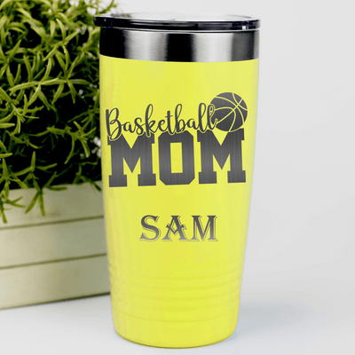 Yellow Basketball Tumbler With Basketball Mom In Words Design