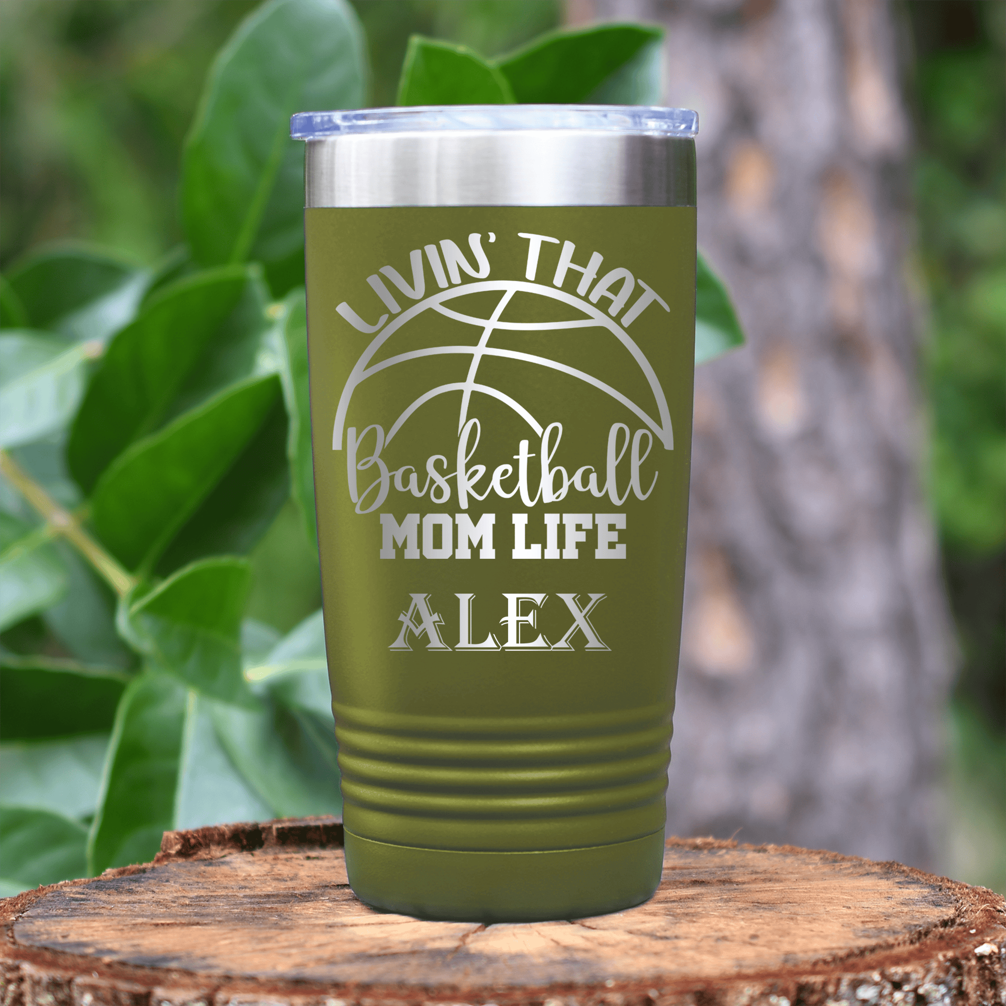 Military Green Basketball Tumbler With Basketball Moms Daily Grind Design