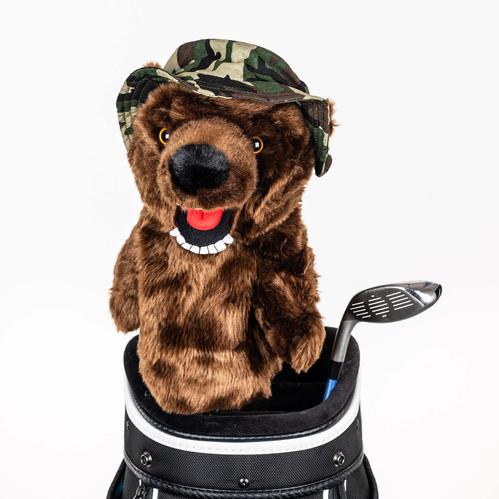 Plush military bear golf headcover covering a club in a golf bag, a standout golf gift for men from Groovy Guy Gifts