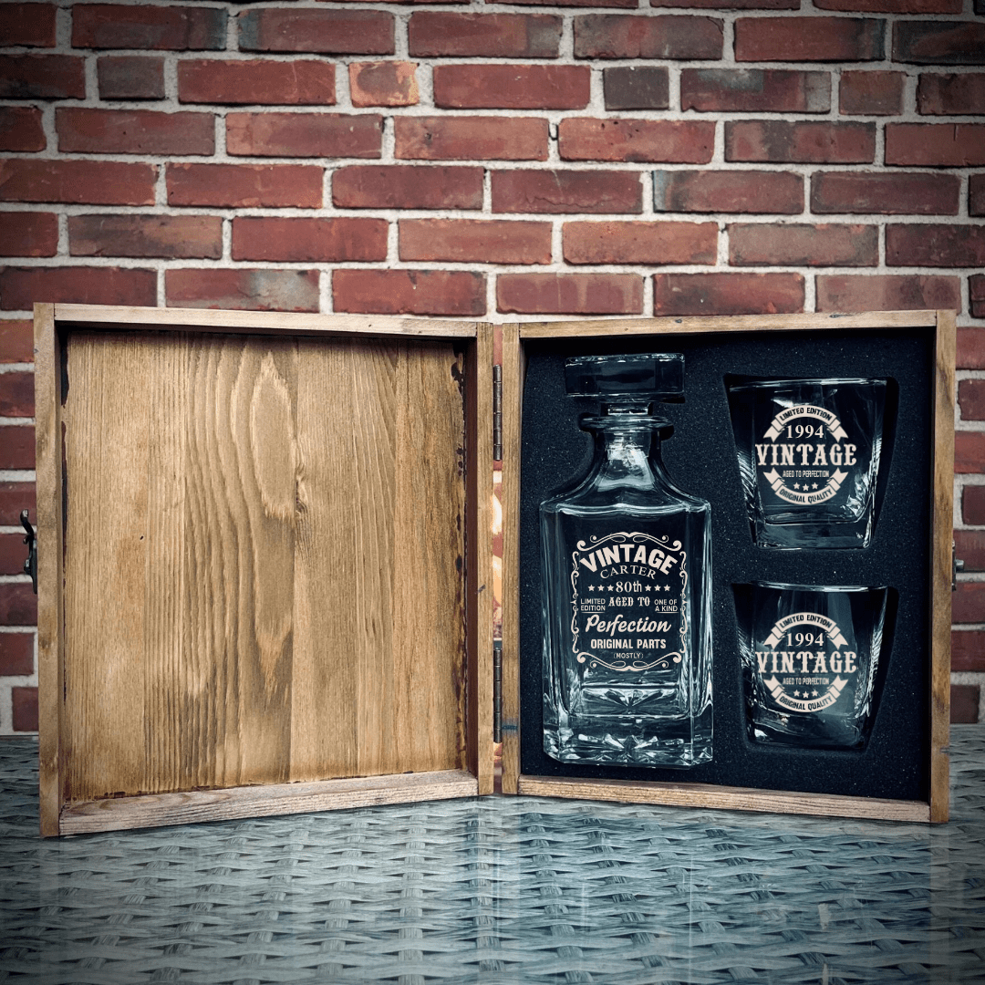 Unique Personalized Vintage Decanter Box Set Customized Gift Set Gifts for Men by Groovy Guy