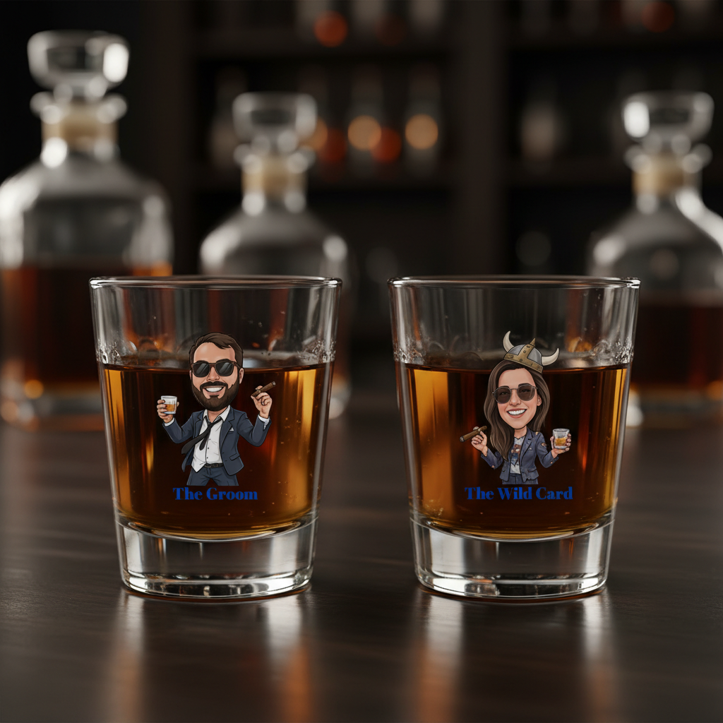 Two glasses with personalized illustrations of a man and woman, filled with a dark liquid, on a bar background.
