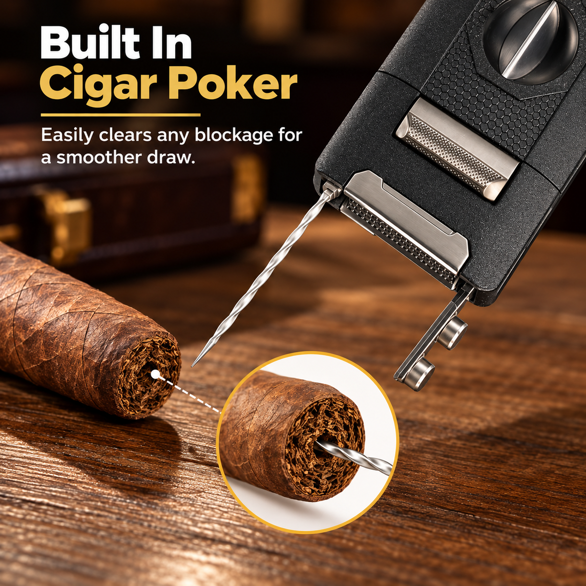 Black multi-tool lighter with built-in cigar poker demonstrating insertion into cigar sample on wooden surface, showcasing metal tip design.