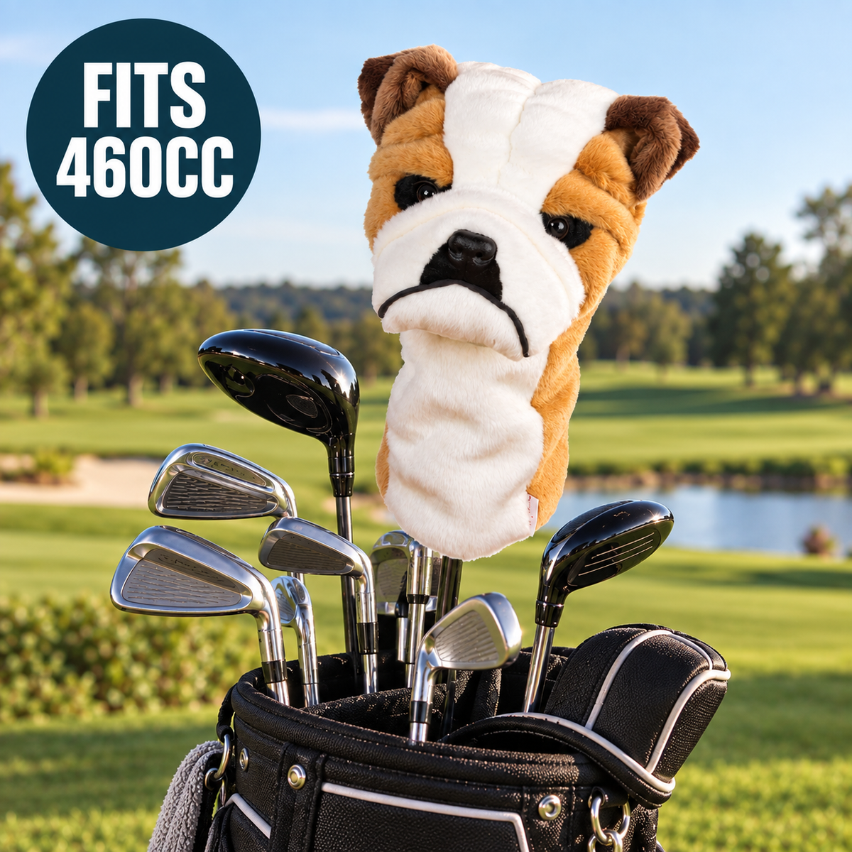Bulldog dog breed golf club headcover in tan and white plush sitting in golf bag with clubs, fits 460cc drivers