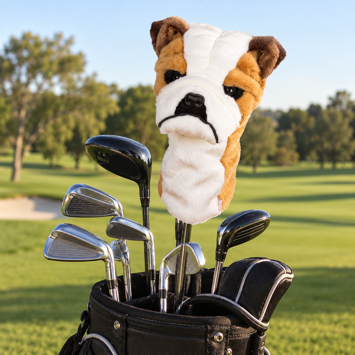 Bull terrier breed golf club headcover with serious dog expression, displayed with irons and woods in a black golf bag on a course