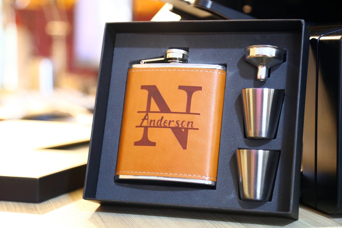 Unique Personalized Leather Flask Gift Set Customized Flask Set Gifts for Men by Groovy Guy