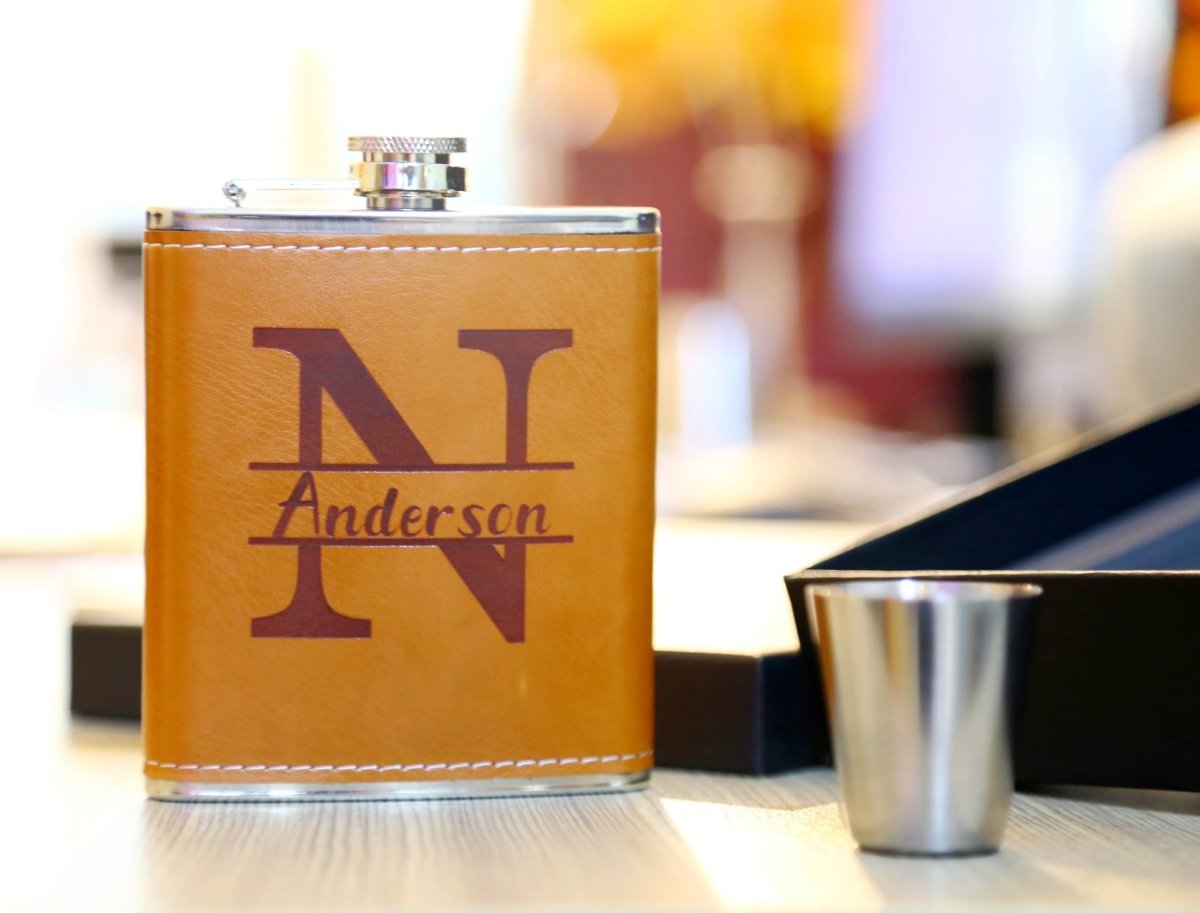 Unique Personalized Leather Flask Gift Set Customized Flask Set Gifts for Men by Groovy Guy