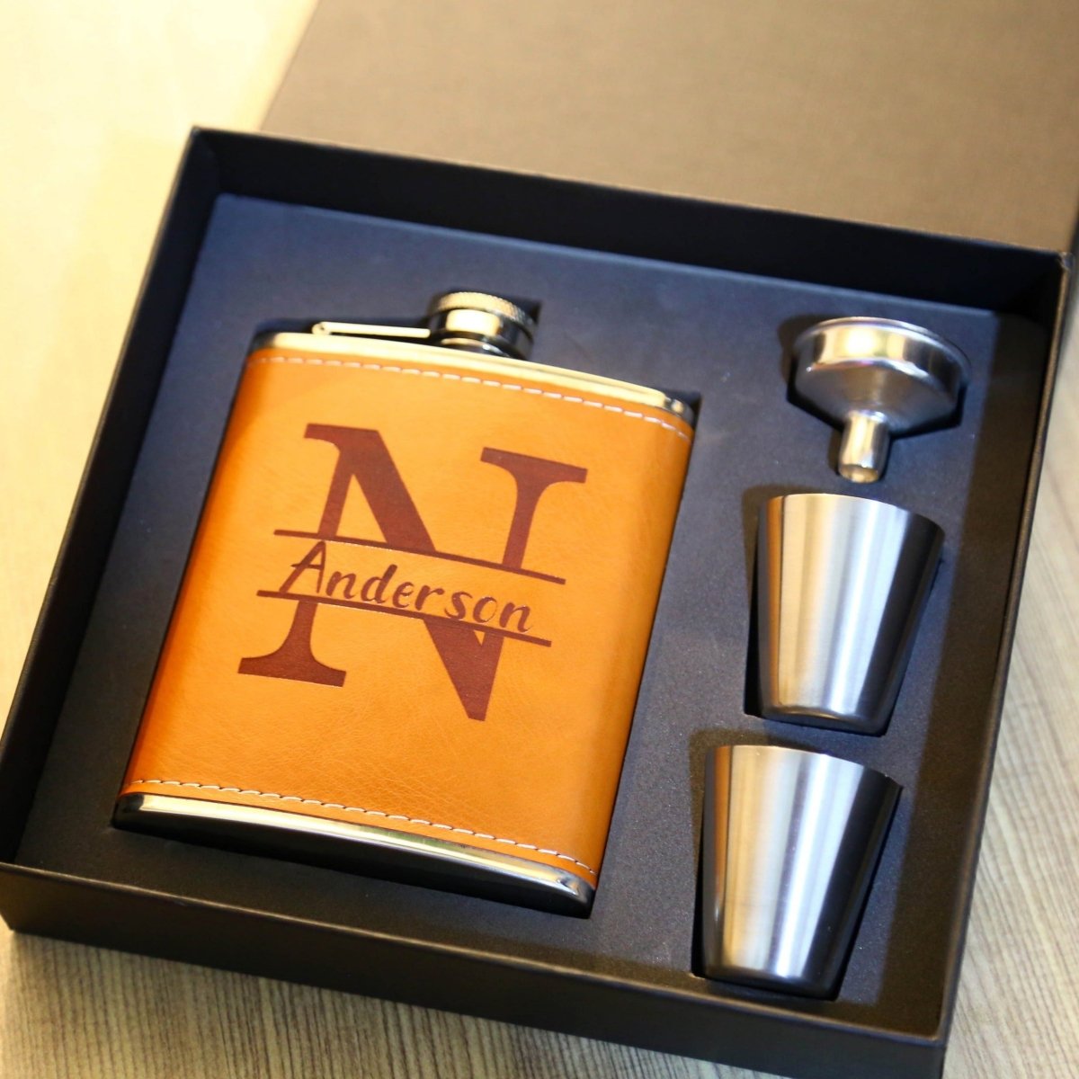 Unique Personalized Leather Flask Gift Set Customized Flask Set Gifts for Men by Groovy Guy