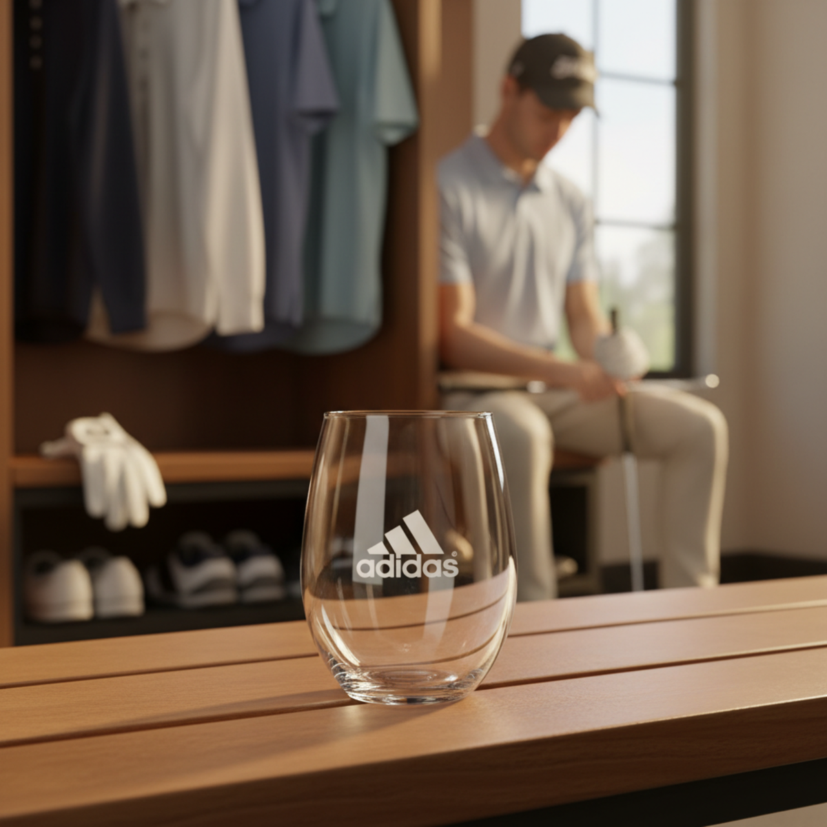 Clear stemless wine glass with a sample company logo laser-engraved on the front, displayed on a wood surface.