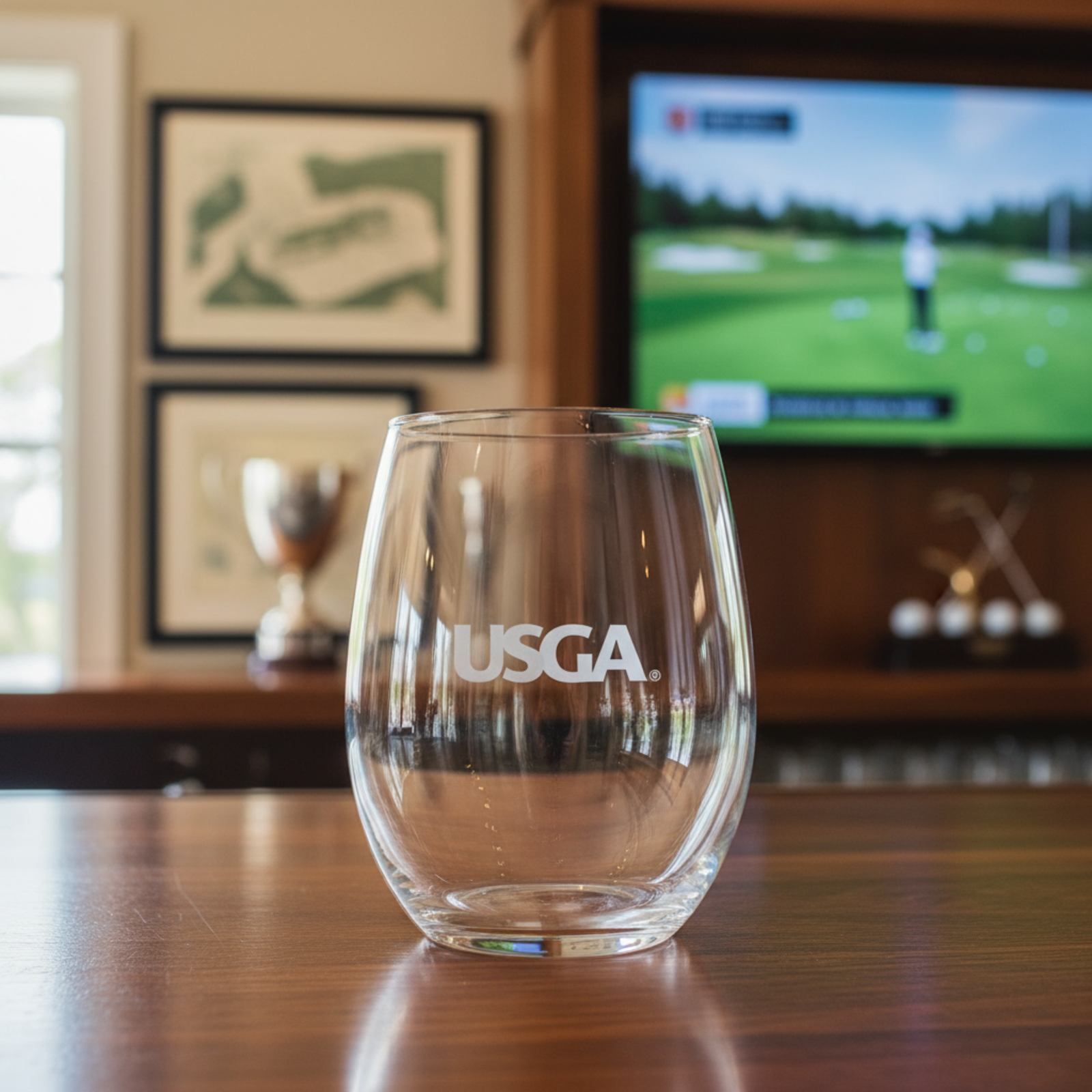 Branded stemless wine glass with a sample logo etched into the glass, displayed on a wooden desk in an office setting.