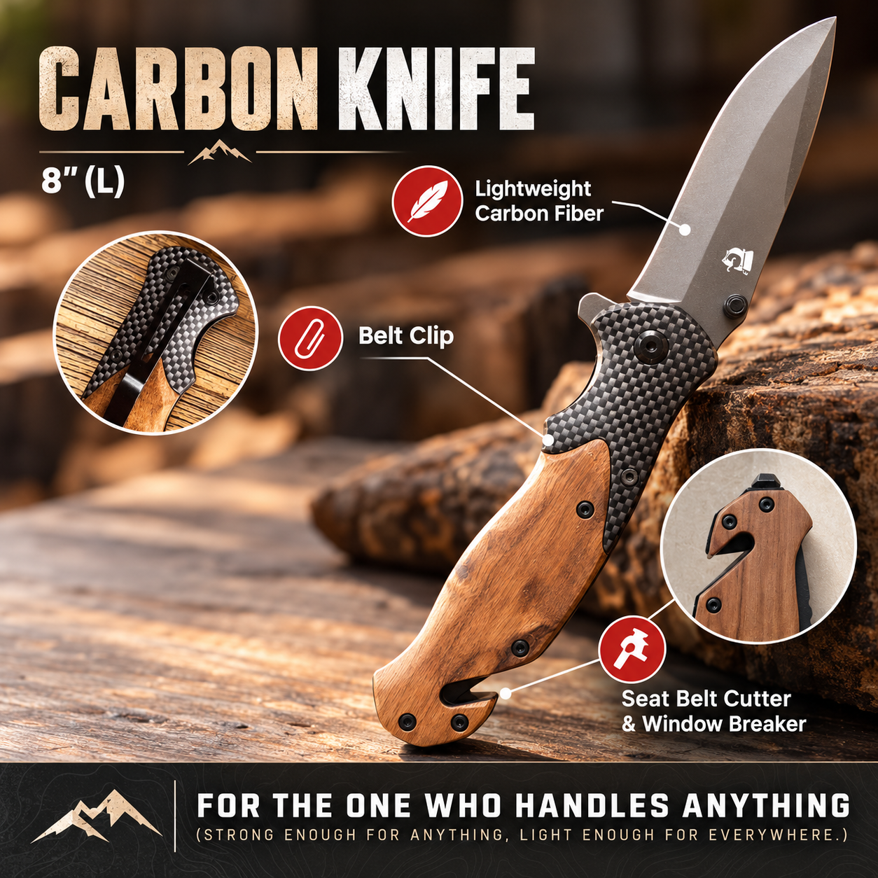 8-inch carbon knife with lightweightcarbon fiber blade, carbon fiber and wood handle, belt clip, and seat belt cutter, shown with detailed close-ups of features