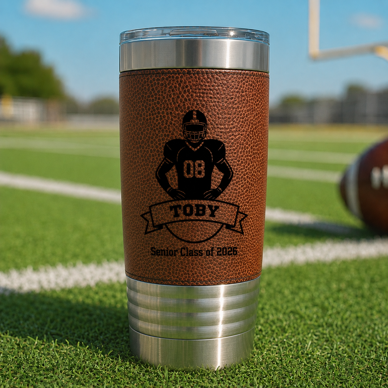 Football-themed tumbler with 'Toby' and 'Senior Class of 2026' on a football field background