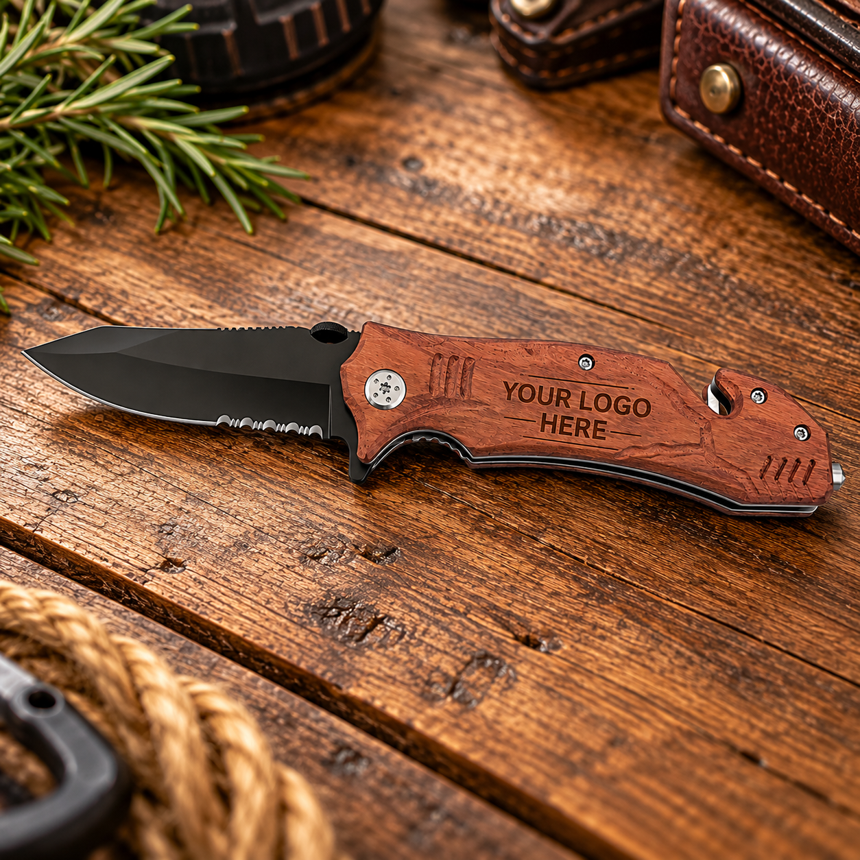 Logo Personalized Wood Rescue Knife & Gift Box Set