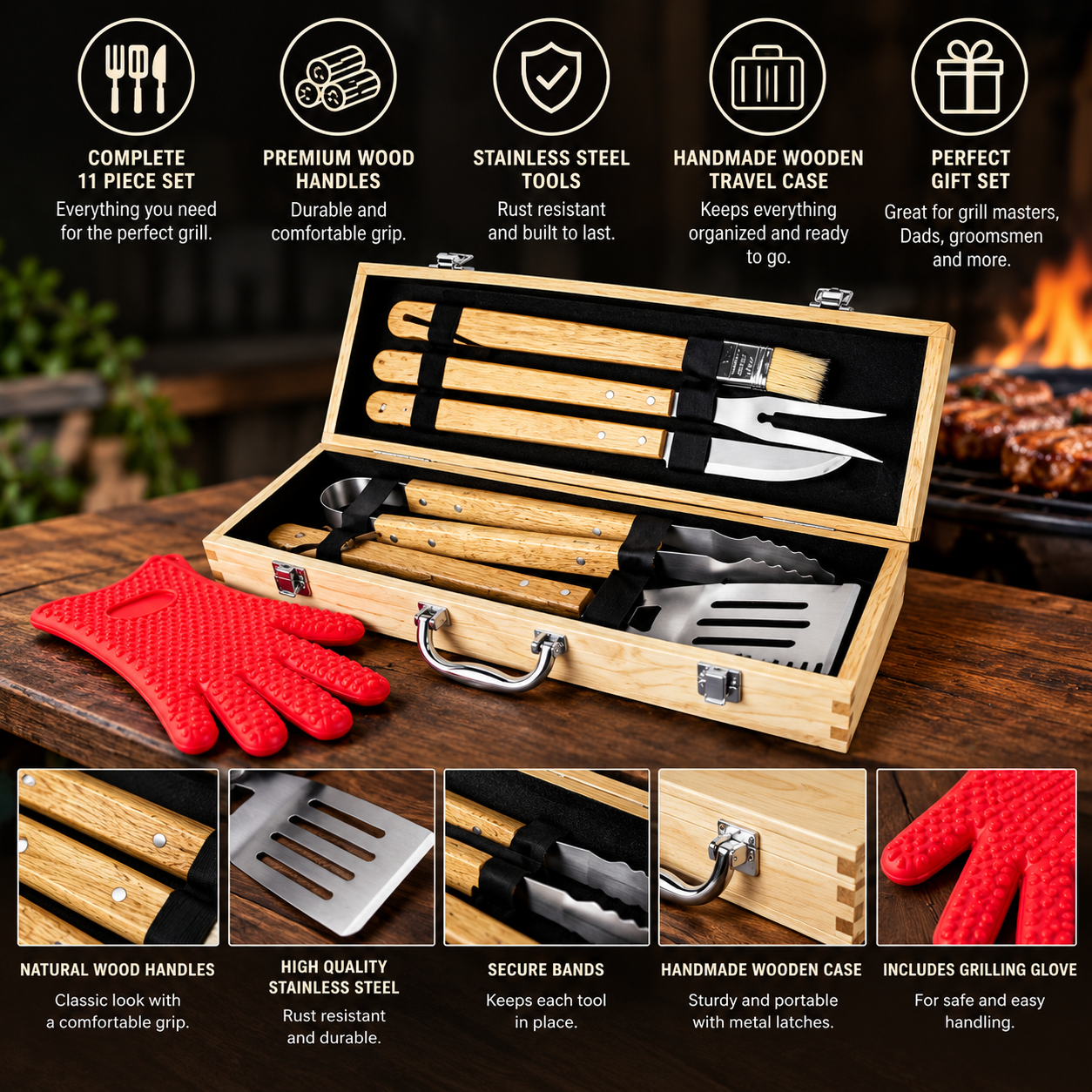 Wooden grill tool set in pine case with stainless steel tools, spatula, fork, and tongs with black handles, red grilling glove, open case displayed near grill fire.