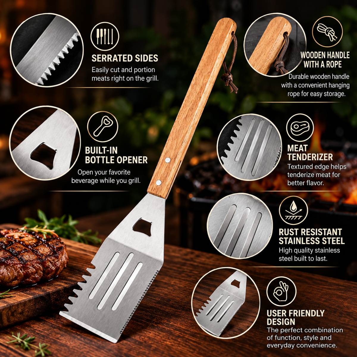 Stainless steel grill spatula with wooden handle and labeled callouts showing serrated sides, bottle opener, meat tenderizer, and rust-resistant construction