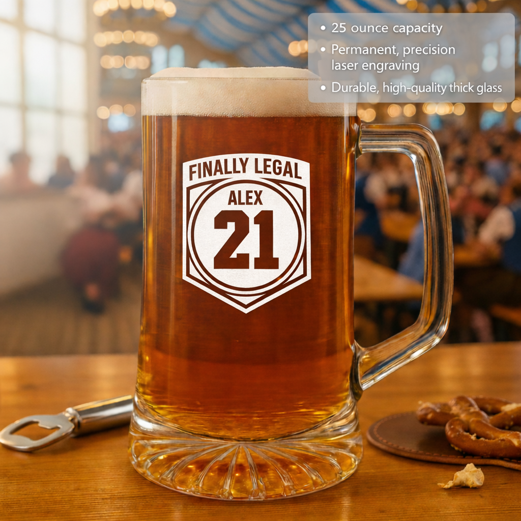 25-ounce beer mug laser-engraved with sample design reading "Finally Legal" above name "Alex" and age "21" in shield motif, filled with amber beer and displayed on wooden bar table