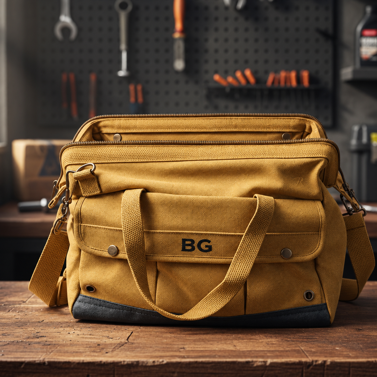 Tan waxed canvas tool bag with personalized "BG" monogram, durable handles, and black leather base, displayed on wooden surface with tool pegboard behind