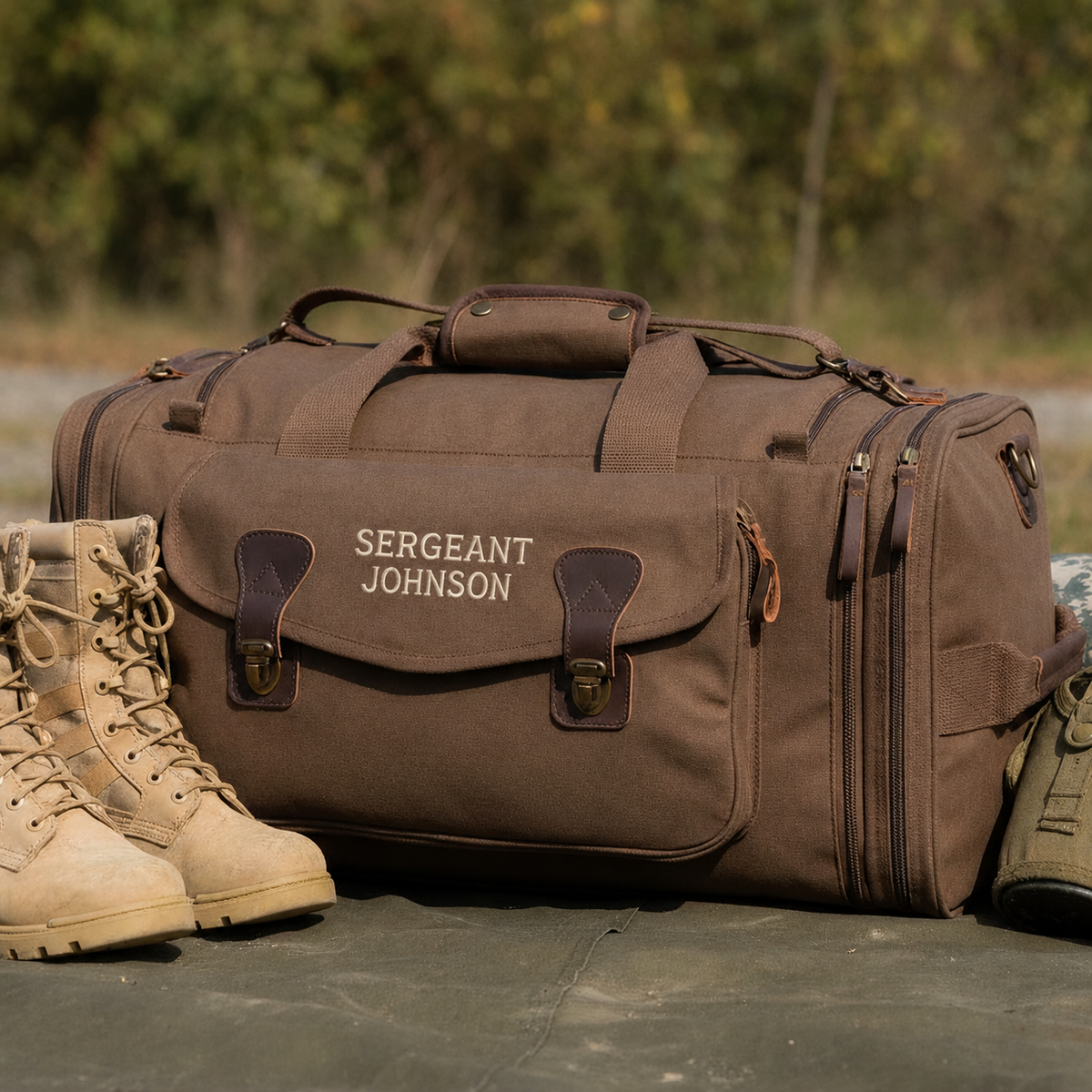 Brown canvas duffle bag engraved with "SERGEANT JOHNSON" flanked by tan military boots in outdoor setting