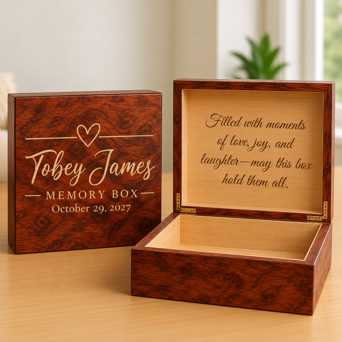 Wooden memory box with engraved sample personalization showing name "Tobey James", date "October 20, 2027", and sentiment text inside the lid
