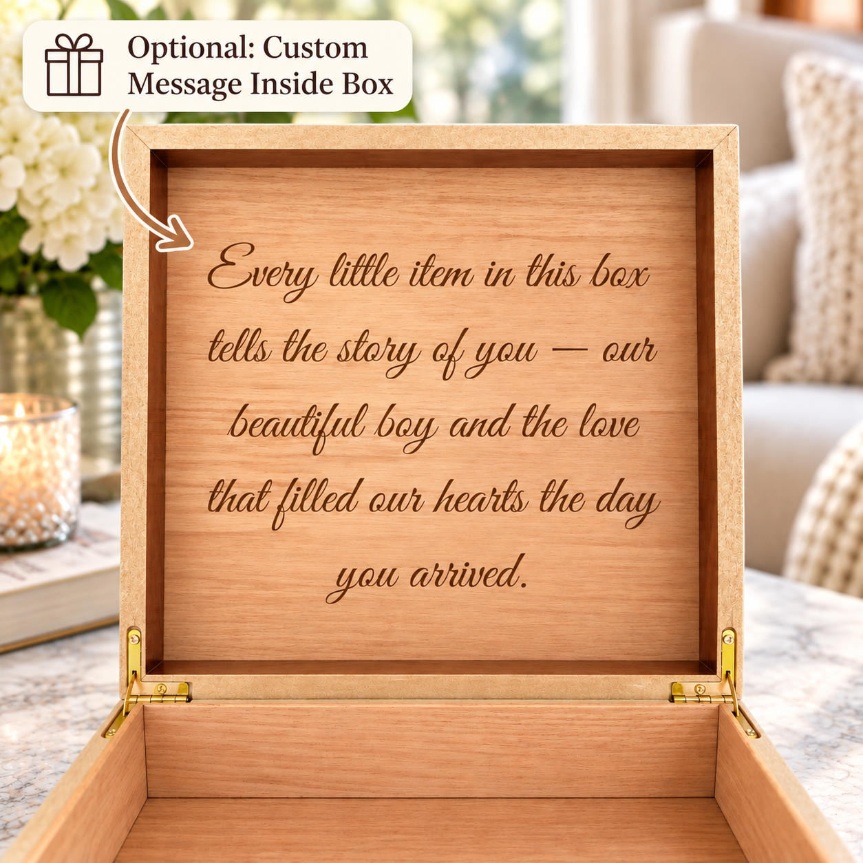 Wooden memory box with engraved custom message sample inside lid and open storage compartment below, with brass hinges