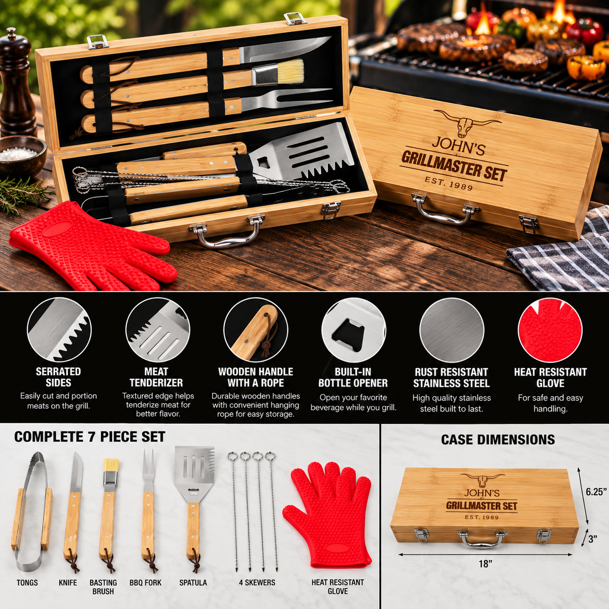 Seven-piece grilling tool set with wooden case engraved "John's Grillmaster Set EST. 1985," includes tongs, knife, brush, fork, spatula, skewers, and heat-resistant glove