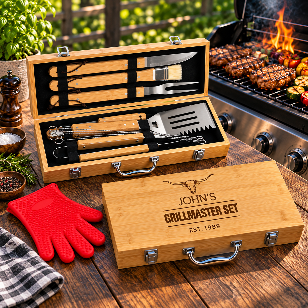 Personalized bamboo grill tool set in wooden case with sample engraving "John's Grillmaster Set, Est. 1989," red BBQ gloves, grill and fire visible