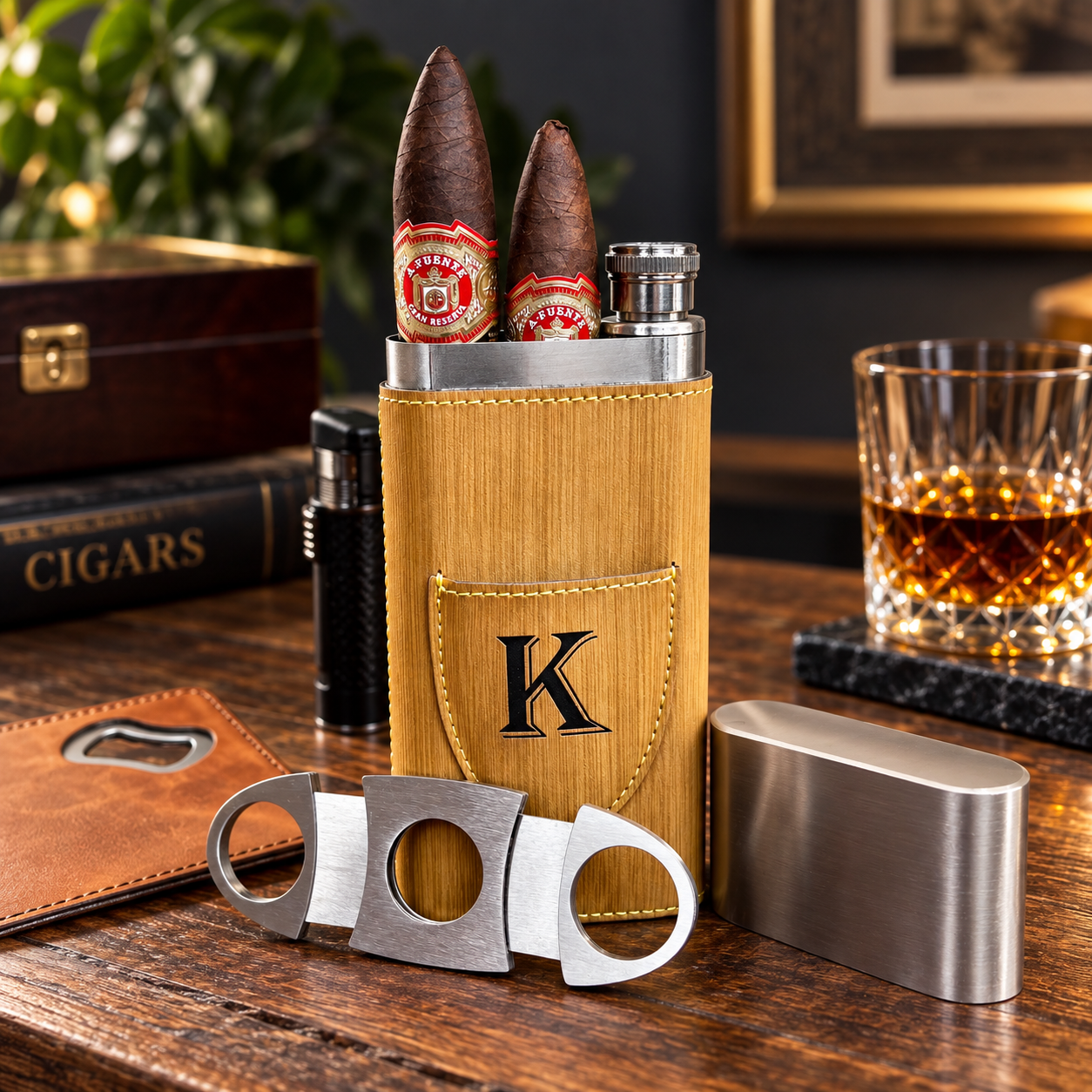 Personalized wooden cigar box with engraved "K" holding two cigars and cutter, displayed with whiskey glass and metal flask on desk.