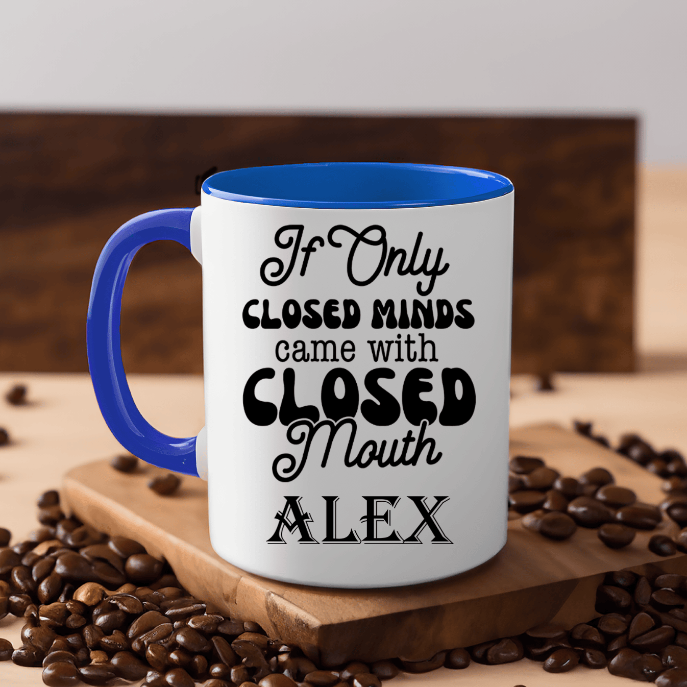 Blue Funny Coffee Mug With Close Your Mouth Design