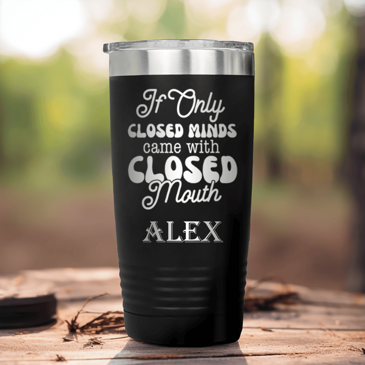 Black Funny Tumbler With Close Your Mouth Design