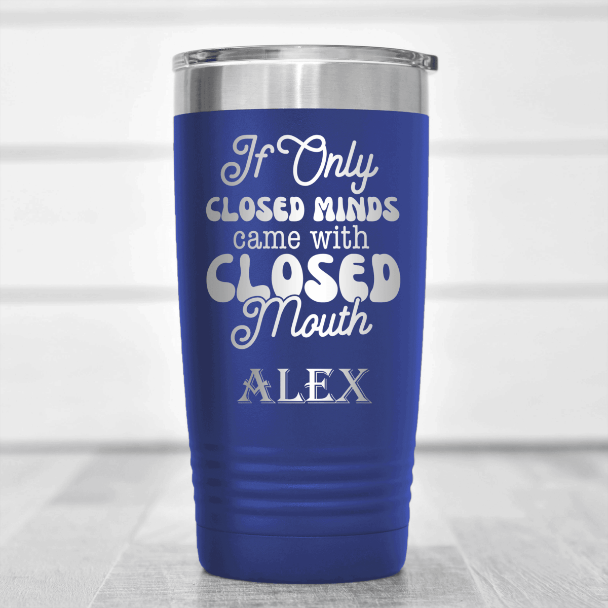 Blue Funny Tumbler With Close Your Mouth Design
