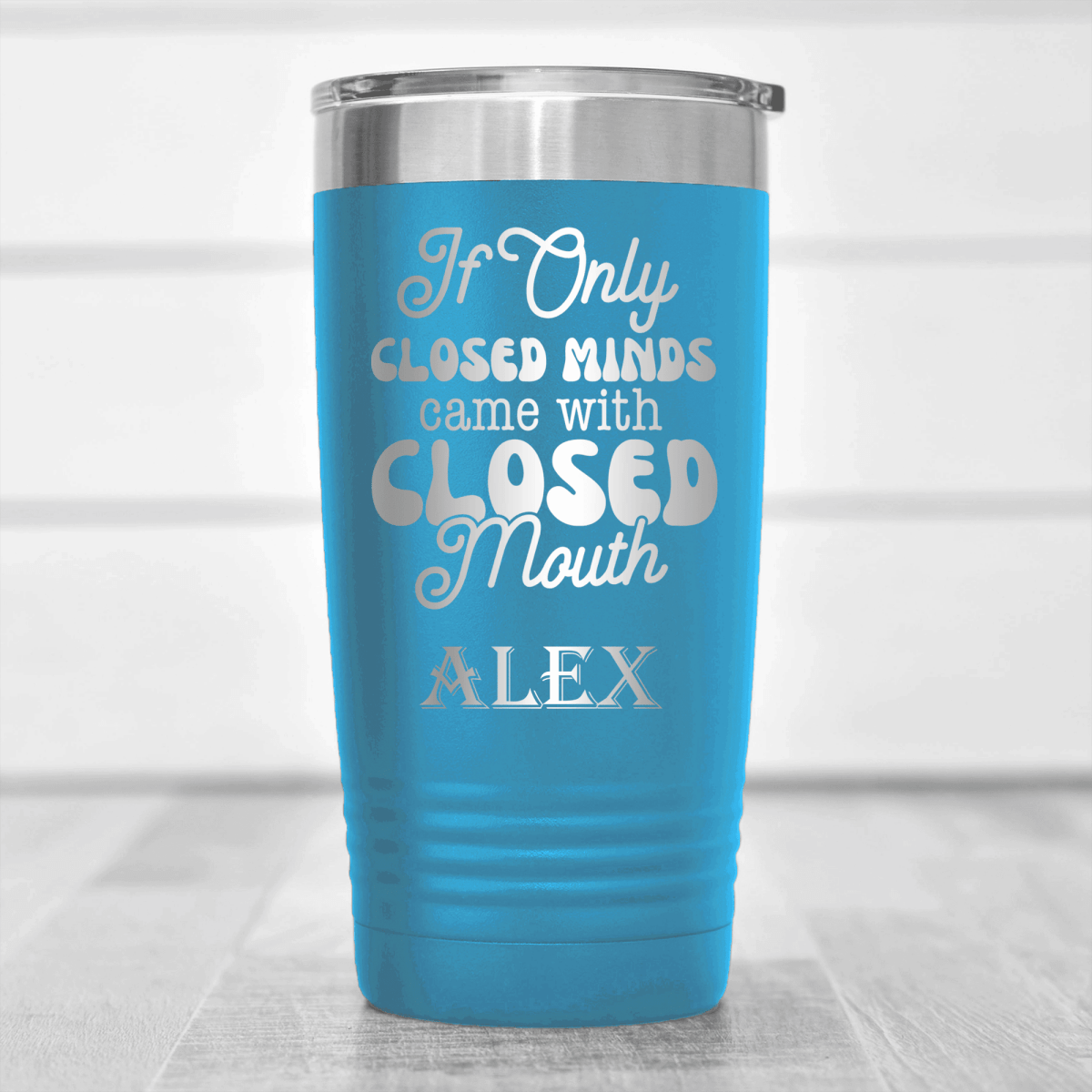 Light Blue Funny Tumbler With Close Your Mouth Design