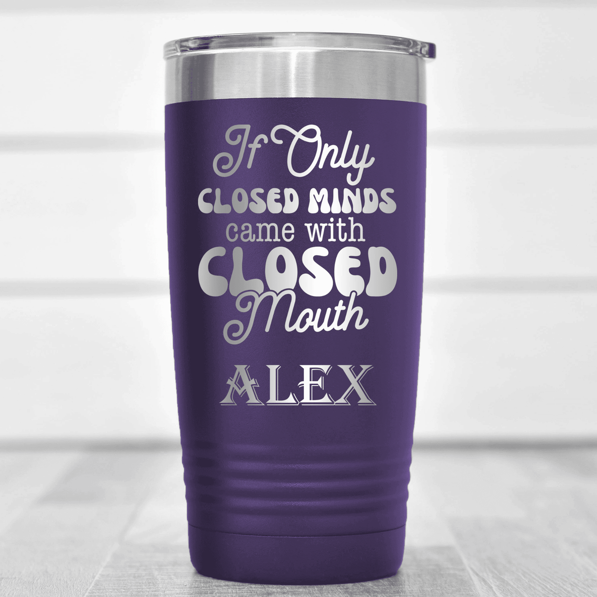 Purple Funny Tumbler With Close Your Mouth Design