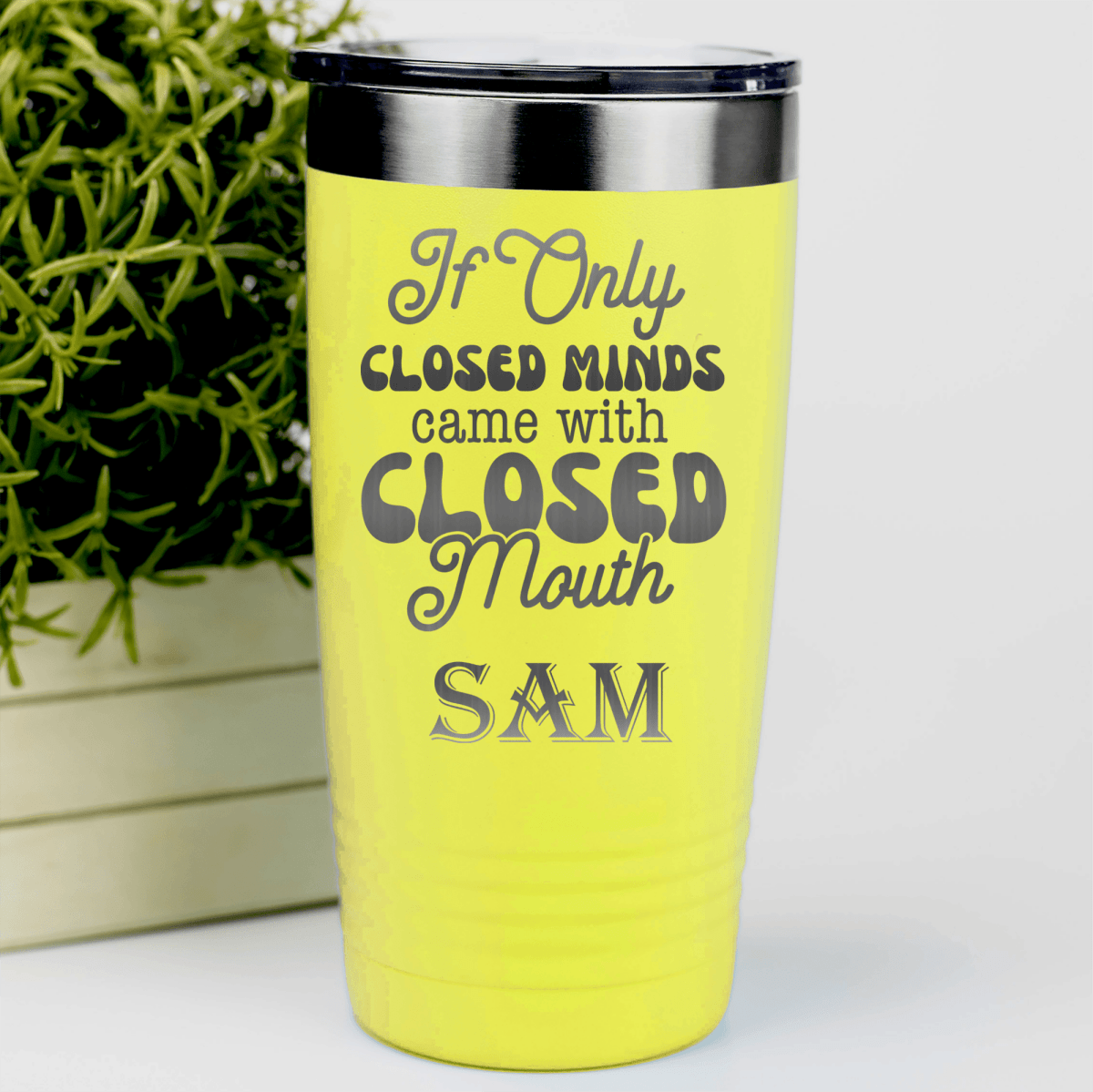 Yellow Funny Tumbler With Close Your Mouth Design