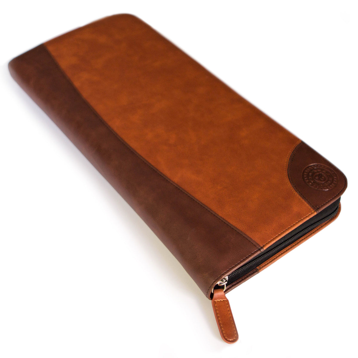 Brown vegan leather travel tie case with plush black interior, holds ties, cufflinks, and clips.
