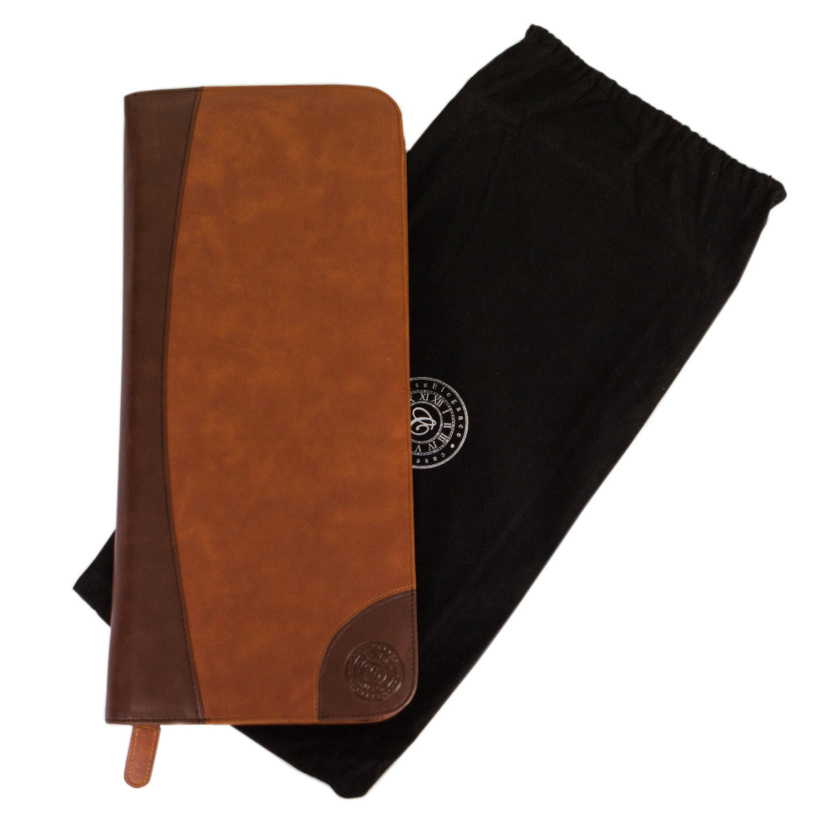 Brown vegan leather travel tie case with plush black interior, holds ties, cufflinks, and clips.